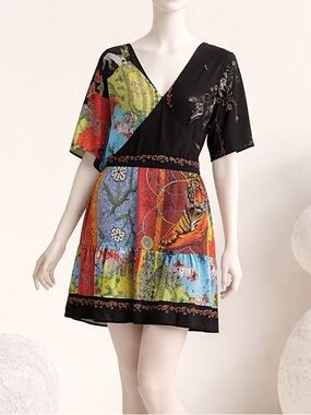 DESIGUAL EQUESTRIAN TIGER PRINT V-NECK DRESS US SZ 10 NWT